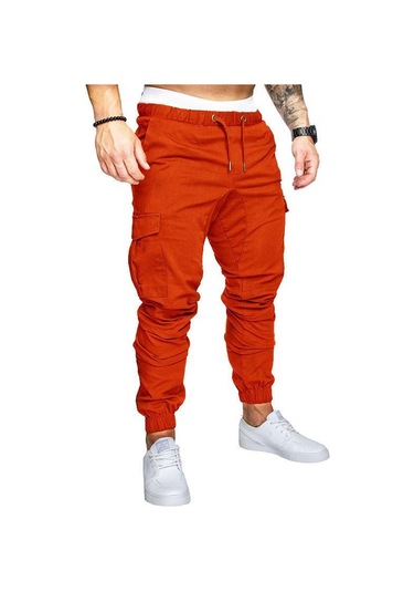 Erkek İlkbahar Ve Sonbahar Uzun Pantolon Moda Günlük İpli Elastik Pantolon Düz Renk Cepli Pantolon Turuncu