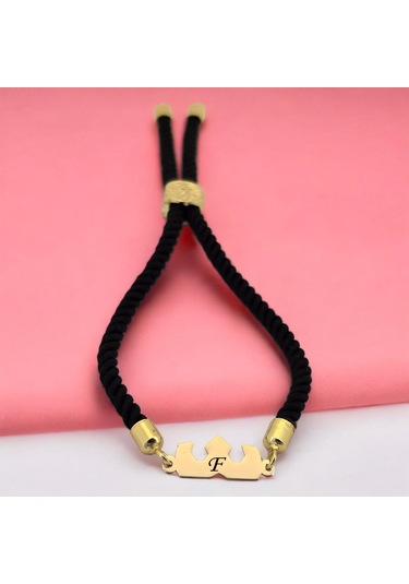F Harfine Özel Siyah İpek Örgülü Taç Figürlü 14 Ayar Altın Plakalı Hediye Bileklik-507harf F