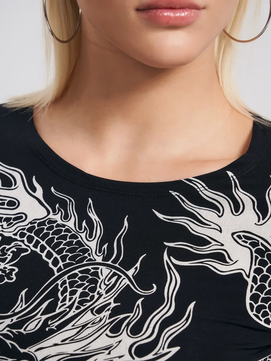Tvoe Uçan Ejderha Baskılı Uzun Kollu Body 175917878 Siyah