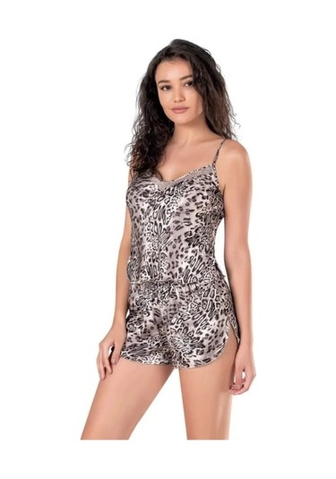 Primoda Leopar Desenli Saten Kumaş Babydoll Şort Takımı Leopar