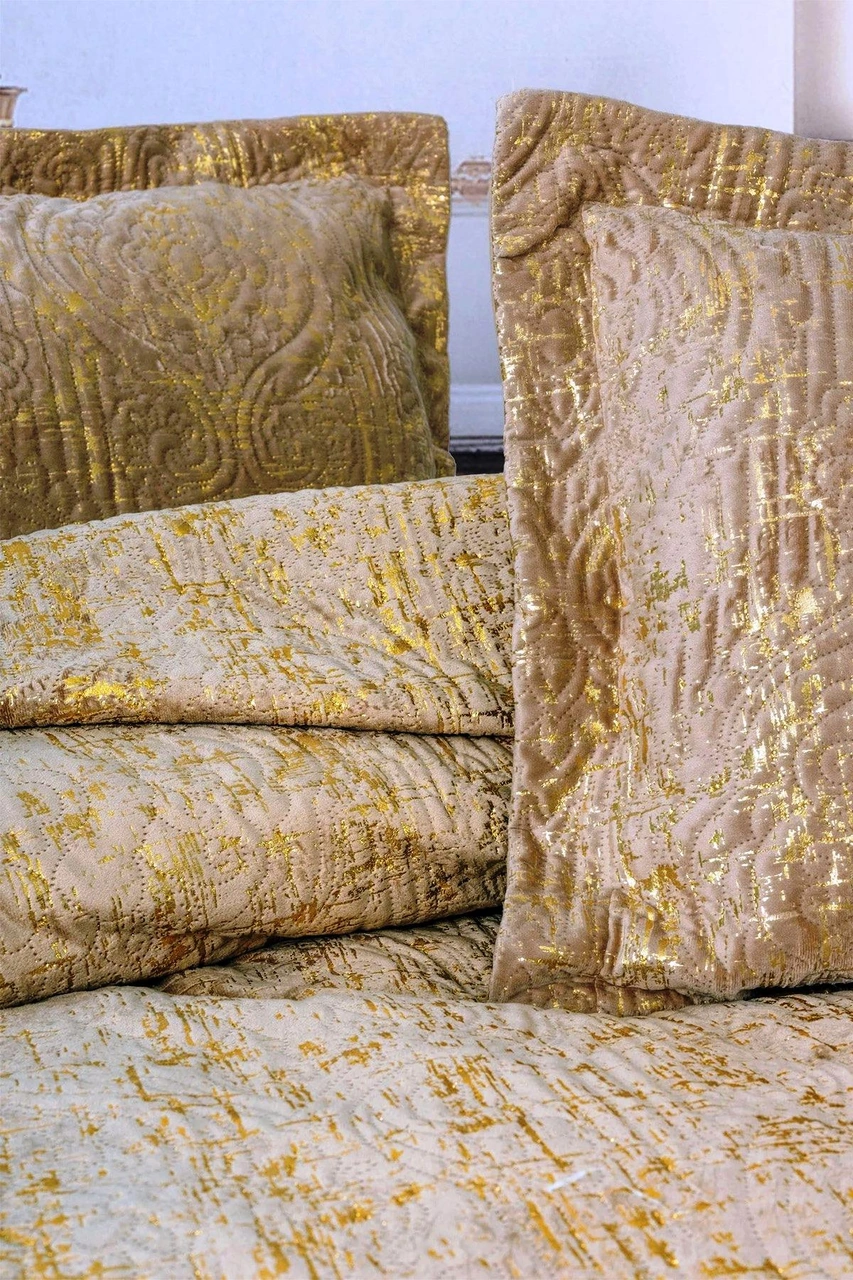 Smart Brillante Kahve Çift Kişilik Kadife Varaklı Yatak Örtüsü Seti Kahverengi