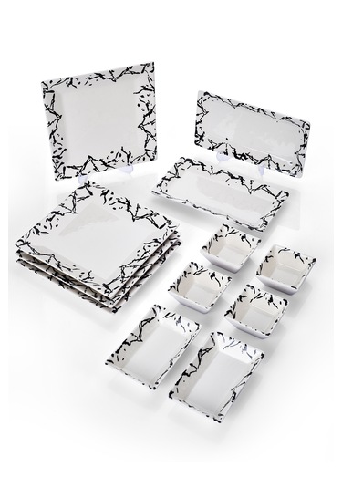 Piatti Naturali 12 Parça 4 Kişilik Mermer Kahvaltı Takımı Handmade Sunum Set Siyah