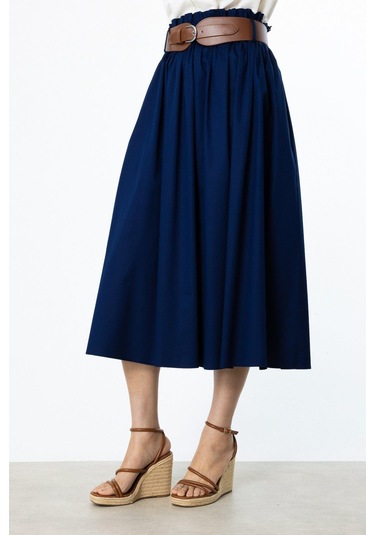 Ekol Yüksek Bel Kemerli Karışım Kumaş Etek-5654 Lacivert