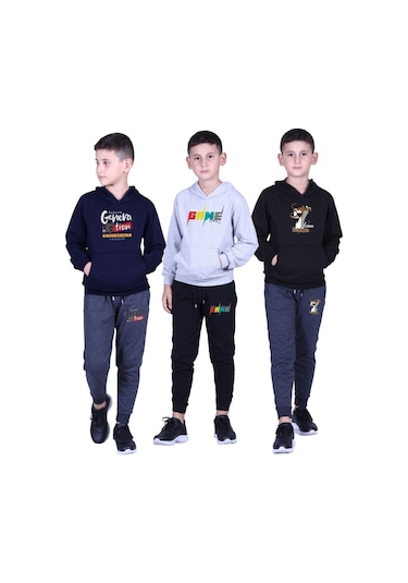 3'lü Erkek Çocuk Kapüşonlu Baskı Detaylı Eşofman Takımı Lacivert Füme Gri Siyah Siyah Füme