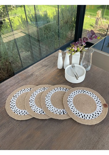 4 Kişilik Yuvarlak Amerikan Servis Özel Tasarım Jüt / Beyaz 33 X 33 Cm Natural