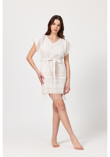 Mulberry Katya Plaj Elbisesi Tunik Pareo %100 Pamuk Bej