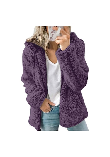 Kadın Mont Yün Kürk Kabarık Kürklü Ceket Polar Ceketler Kapşonlu Uzun Kollu Kış Isıtıcı Peluş Polar Hırka Mor