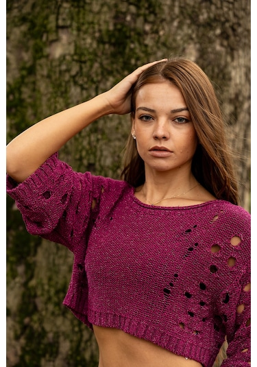 Verdeblanco Yırtık Detaylı Örme Crop Top Mürdüm