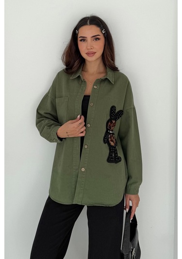 Leopar Ayıcık Armalı Gabardin Kumaş Gömlek Haki Haki