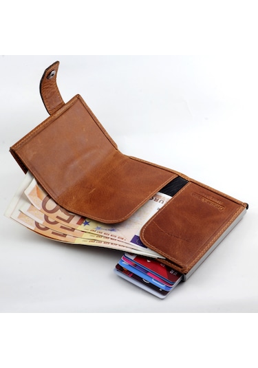 Ancora Leather Crazy Hakiki Deri Erkek Cüzdanı Otomatik Taba
