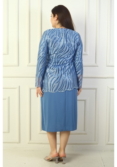 Kadın Pul Ve Sim İşlemeli Tül Ceket Uzun Kollu Astarlı Krep Elbise Büyük Beden 2'li Takım İndigo