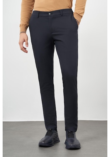 Koyu Lacivert Düz Bez Ayağı Esnek Yan Cep Slim Fit Casual Pantolon 1003245159 Koyu Lacivert