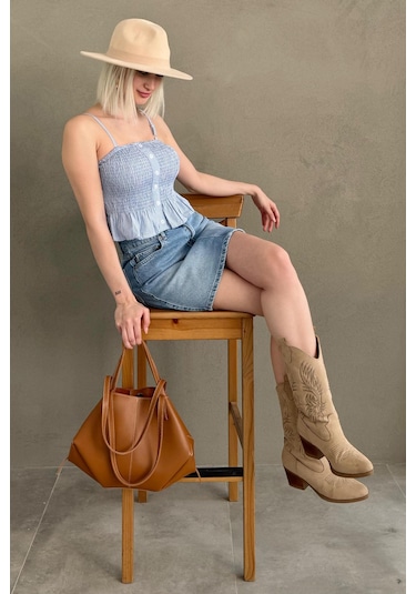 Madmext Bebe Mavisi Ayarlanabilir Askı Pötikareli Crop Mg2371 Bebe Mavisi
