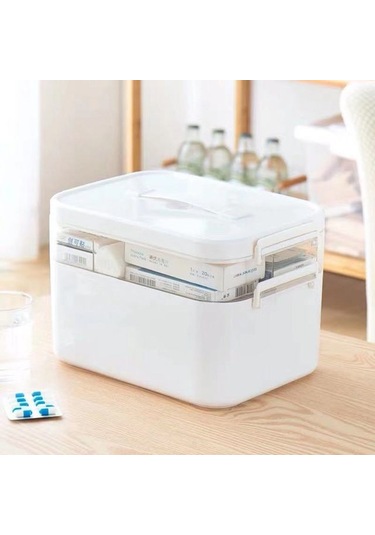 Sones Ev Tipi Taşınabilir Kozmetik Bitirme Saklama Kutusu Büyük Kapasiteli Aile Güvenliği Acil Durum Saklama Kutusu Çift Katmanlı İlaç Kutusu, Boyut: L-28,5x19,5x18,5 Cm Beyaz