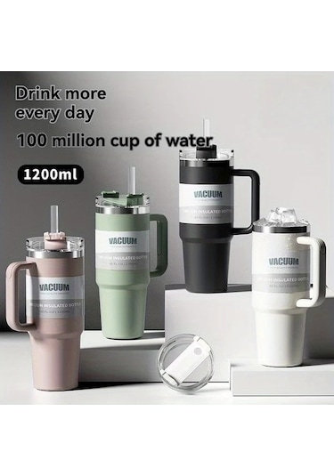 Trendooze 40 Oz Paslanmaz Çelik Gri Sızdırmaz Termos Matara Kapaklı Pipetli Gaojunshop01 Gri