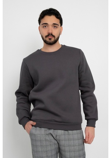 Dasüniforma Basic Baskısız 3 İplik Unisex Cepsiz Düz Sweatshirt Yuvarlak Yaka Sweat Antrasit