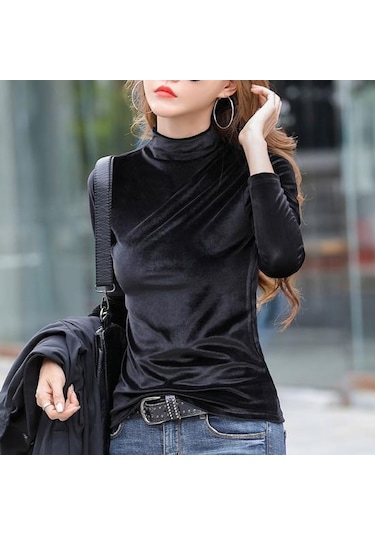 Siyah Temel Üst Esnek Soğuk Geçirmez Anti-boncuklanma Kadın Kadife Saf Renk Dip Gömlek Streetwear Siyah