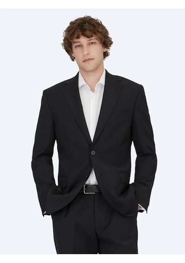 Siyah Desenli Modern Fit Yün Karışımlı Takım Elbise Siyah