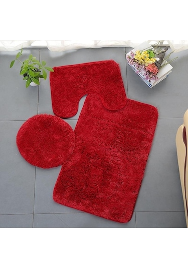 Novahub Kırmızı 3 Parça Set Banyo Tuvalet Paspas Emici Kaymaz Halı Seti Banyo Dekorasyon Mat Kırmızı Kırmızı