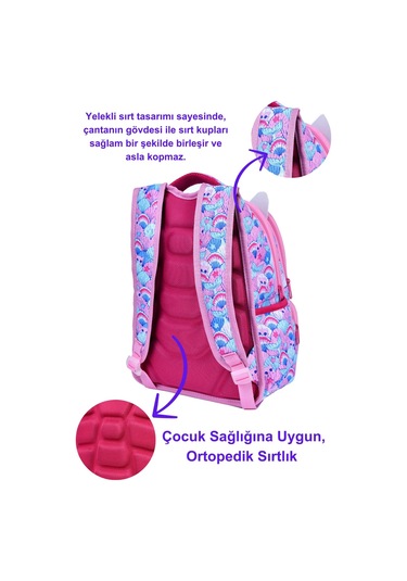 Pembe Kedi Baskılı, Su Geçirmez, Ortopedik Sırt Özellikli İlkokul