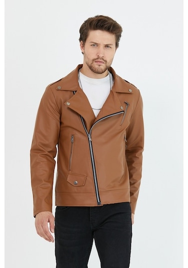 Erkek Taba Yeni Sezon Çapraz Fermuarlı Deri Ceket Mont-Taba