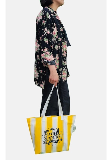 Summer Time Baskılı Ağzı Fermuarlı Kadın Plaj Çantası Çok Renkli
