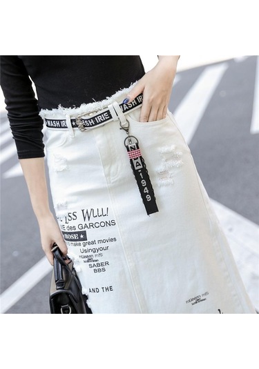 Kadın Ön Delik Kot Etek Yaz Uzun Etekler Yüksek Bel Kot Etek Artı Boyutu Beyaz