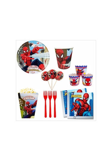 Örümcek Adam 8 Tabak, 8 Bardak, 8 Mısır Kutusu, 8 Cupcake, 10 Peçete, 10 Çatal, 10 Kürdan