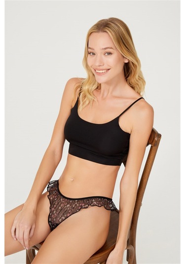 Siyah Çiçek Desenli Tül Kenarları Fırfırlı Tanga Külot Siyah