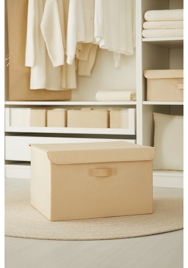 Ocean Home Textile Bej Balıksırtı Kapaklı Kutu 48 x 40 x 30 cm