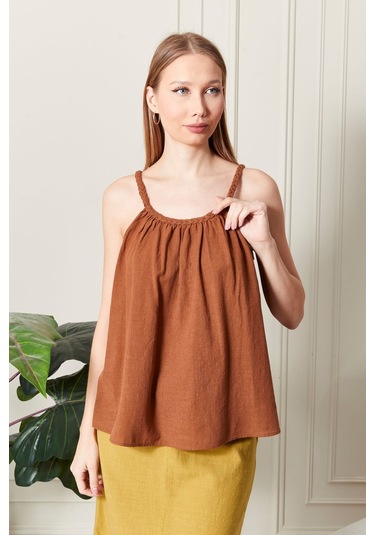 Şık Farklı Tarz Keten Işıl Bluz - Zarif Ve Modern Tasarım Kiremit