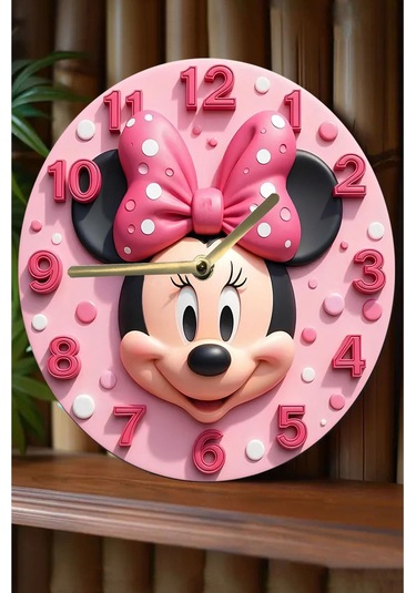 Minnie Mouse Temalı Pembe Mdf Duvar Saati 3d Görünümlü, Sessiz Mekanizmalı, 2d Hd Baskı Sdw235 Renkli