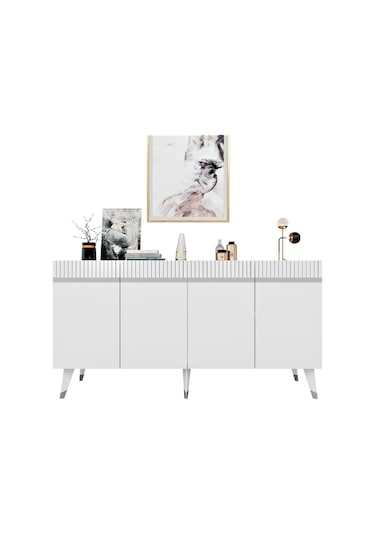 Apollon Konsol Tv Sehpası Çok Amaçlı Dolap Beyaz Gümüş