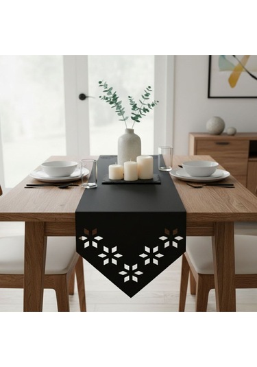 1 Adet Deri Runner-40x140 Cm-çiçek Desenli Runner Siyah