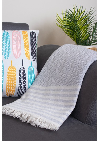 Pamuklu Püsküllü Elmas Desenli Koltuk Örtüsü 170x210 Cm Dekoratif Kanepe, Yatak Ve Tv Örtüsü Gri