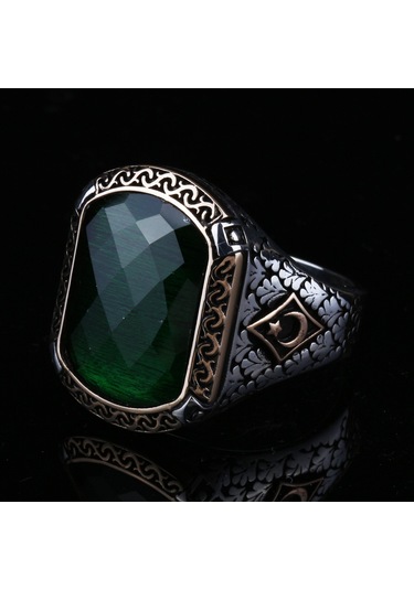 Fkgümüş Ay Yıldız Motifli Yeşil Faset Taşlı Erkek Gümüş Yüzük Silver