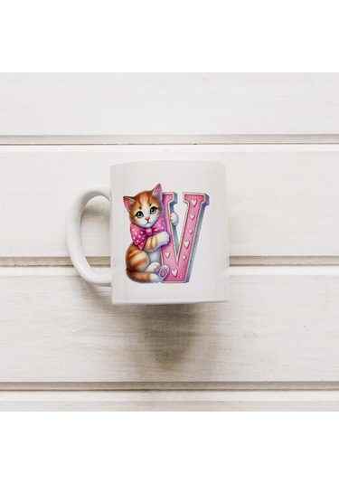 V Harfli Bardak, Sevimli Kedili Pembe Tasarım Bardak, Arkadaşa Aileye Hediye Porselen Beyaz