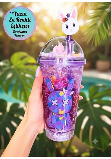 Çift Katmanlı İçecek Bardağı Led Işıklı Pipetli Kawaii Chibi Sevimli Tavşan Figürlü Suluk 450 Ml Mor