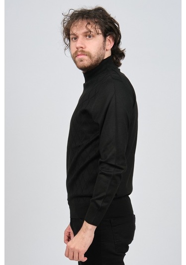 Pave Erkek Yarım Balıkçı Baklava Desenli Yün Kazak 4537220 Siyah Siyah