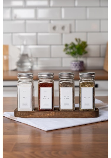 Mienda Home 4'lü Ahşap Standlı Cam Baharatlık Seti Kapaklı Etiketli Baharatlık Takımı Mh01slvr04 Beyaz - Şeffaf