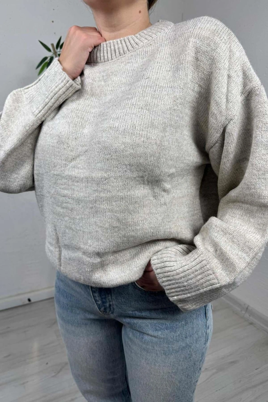 Explode - Kadın Bej Bisiklet Yaka Oversize Triko Kazak Bej