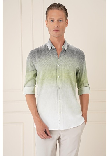 Comfort Fit Apoletli Degrade Desen Esnek Pamuk Yeşil Gömlek G 1575 Yeşil