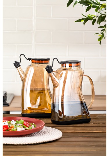 Porsima 3855-1 Şeffaf 2li 1lt Borosilikat Cam Zeytinyağ Şişesi - 2li Yağlık Ve Sirkelik Seti Siyah Siyah