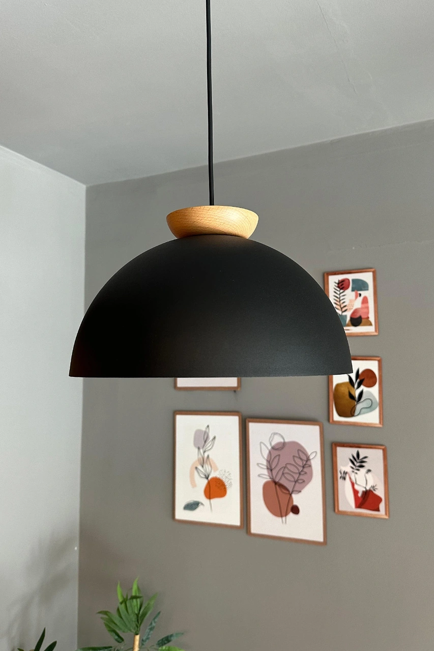 Yimpi Siyah Avize Ahşap Tekli Sarkıt Salon Kuaför Cafe Dekoratif Aydınlatma Pastane Siyah