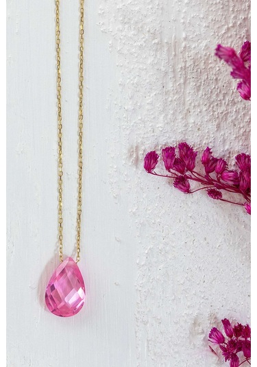 Moom Mücevherat Kadın Damla Taşlı Pembe Renkli Kolye 14 Ayar Altı