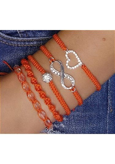 Turuncu Sonsuzluk - Kalp- Kristal Makrome Ip Bileklik Takımı Set Rose Gold