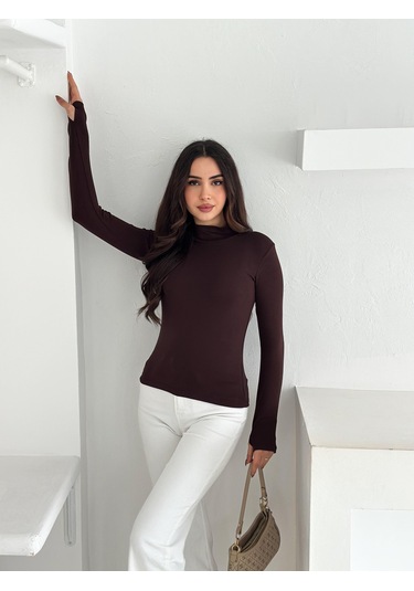 Kadın Yarım Balıkçı Yaka Parmak Geçmeli Full Likralı Buzz Body Kahverengi
