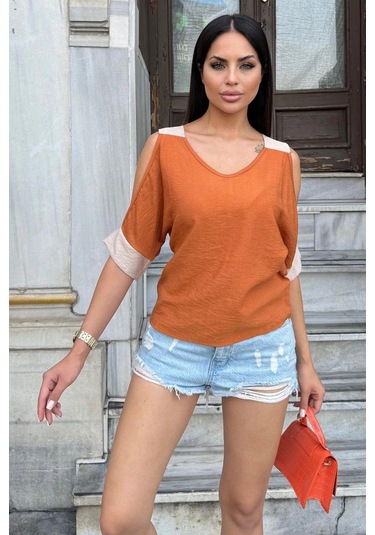 Kadın Kiremit Omuz Dekolteli Kısa Kol, Salaş Keten Bluz Kiremit