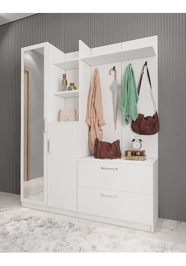 Çizgi Portmanto Vestiyer Ayakkabılık Beyaz 160 cm -Ücretsiz Kurul