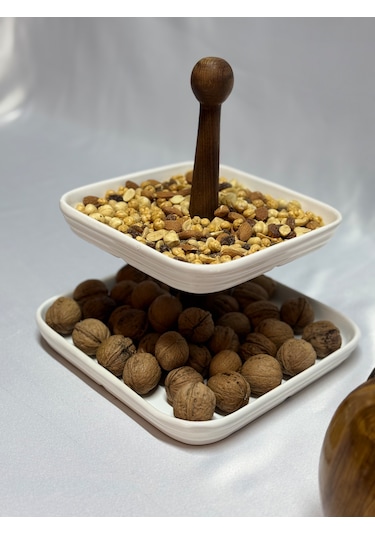 Aless 2 Katlı Ahşap Kulplu Seramik Sunumluk Çerezlik Meyvelik